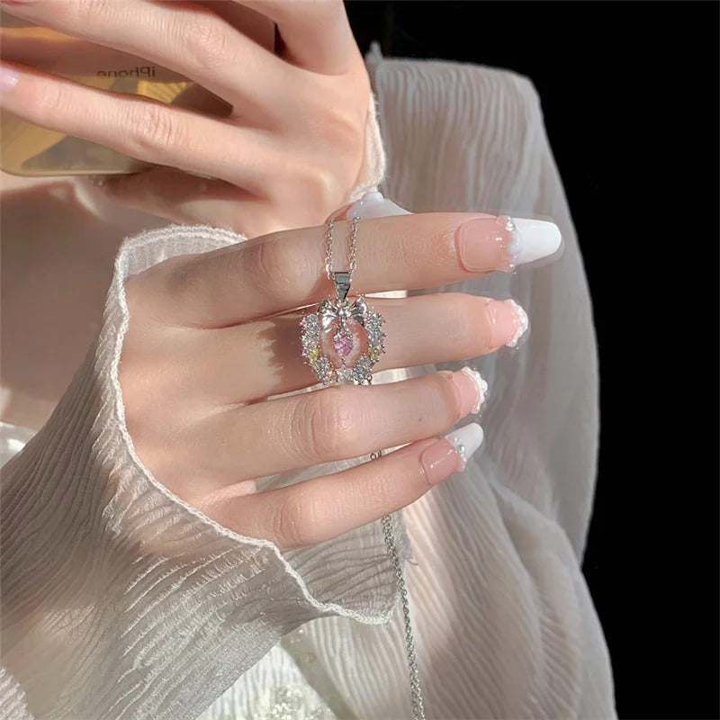 Korean Jewellery Pink Zircon Bow & Heart Necklace for Girls Sweet Fairy Clavicle Chain Shiny Zircon Korean Jewellery Necklace - Aesthetic Bowknot Love Zircon Pendant Women Necklaces