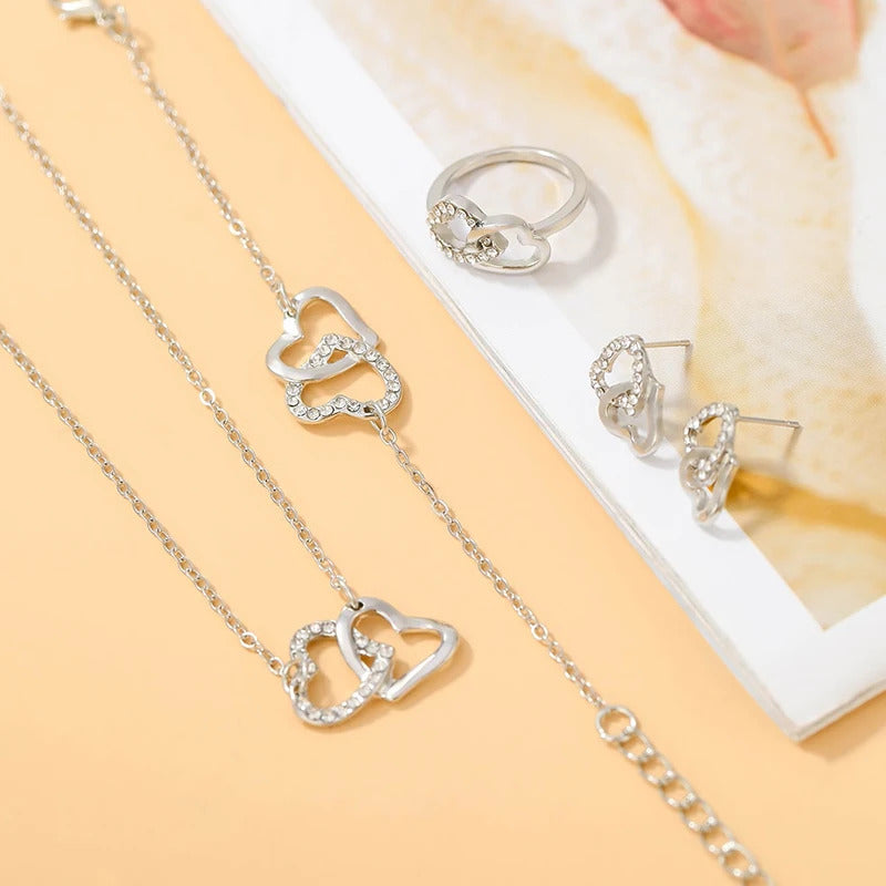 4Pcs Silver Zircon Heart Necklace Earrings Bracelet Ring Jewelry Set For Girls Fashion Party Jewelry Daily Wear Zirconia Heart Jewelry Set