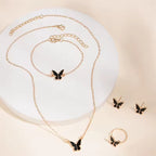 4Pcs Gold & Black Butterfly Necklace Earrings Bracelet Ring Jewelry Set For Girls Fashion Party Jewelry Daily Wear Butterfly Jewelry Set