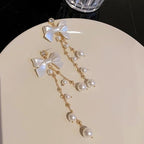 Korean Jewellery White Bow Golden Long Chain New Style Women Sweet Temperament Jewelry Tassel Earrings For Girls | S925 Needle Earring