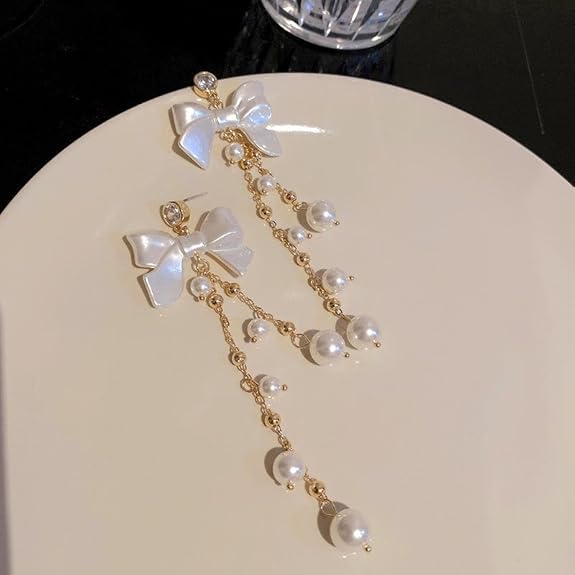 Korean Jewellery White Bow Golden Long Chain New Style Women Sweet Temperament Jewelry Tassel Earrings For Girls | S925 Needle Earring