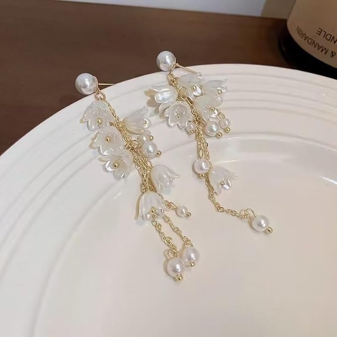 Korean Jewellery White Dreamy Flower Golden Long Chain New Style Women Sweet Temperament Jewelry Tassel Earrings For Girls | S925 Needle Earring