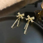 Korean Jewellery Shinny Golden Bow Long Chain Rhinestone Crystal Designing New Style Women Sweet Temperament Jewelry Tassel Earrings For Girls | S925 Needle Earring