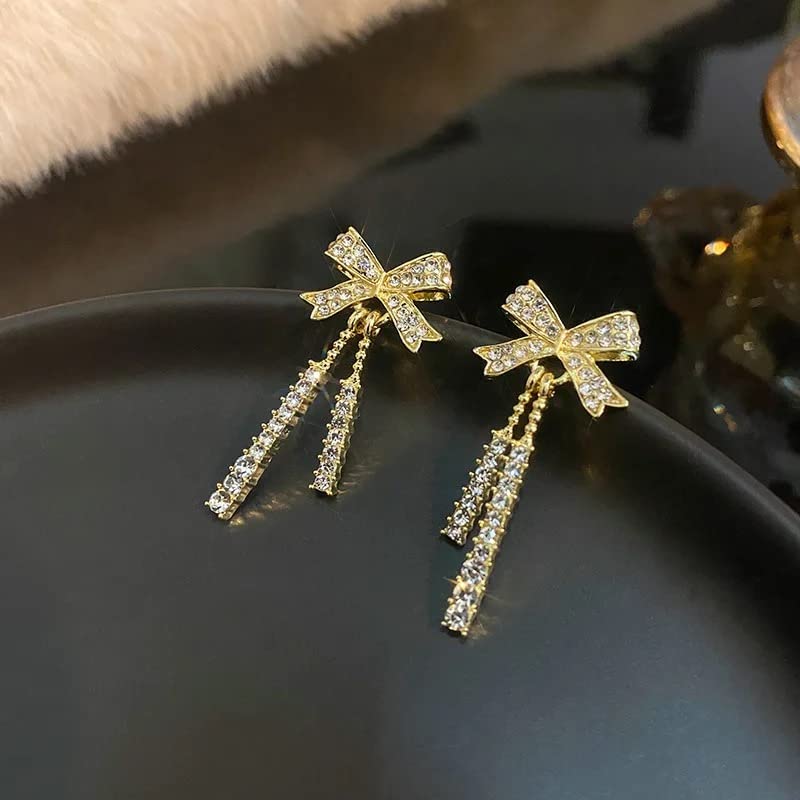 Korean Jewellery Shinny Golden Bow Long Chain Rhinestone Crystal Designing New Style Women Sweet Temperament Jewelry Tassel Earrings For Girls | S925 Needle Earring