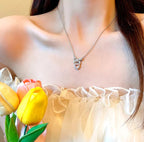 Korean Jewellery Pink Zircon Bow & Heart Necklace for Girls Sweet Fairy Clavicle Chain Shiny Zircon Korean Jewellery Necklace - Aesthetic Bowknot Love Zircon Pendant Women Necklaces