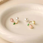 Korean Jewellery Luxury Pink Tulip Flower Pearl Earrings For Girls | Tulip Earing For Girls | S925 Needle Earings For Birthday Wedding Anniversary | For All Occasions