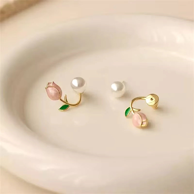 Korean Jewellery Luxury Pink Tulip Flower Pearl Earrings For Girls | Tulip Earing For Girls | S925 Needle Earings For Birthday Wedding Anniversary | For All Occasions