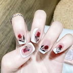 24Pcs White Beautiful Flower Trendy Fake Nails (With Glue) Set For Girls - Wearable Nails Stylish Pattern Artificial Nails For Women