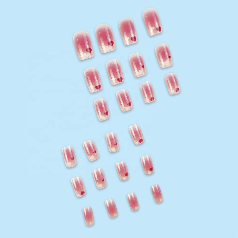 24Pcs Pink Beautiful Heart Trendy Fake Nails (With Glue) Set For Girls - Wearable Nails Stylish Pattern Long Artificial Nails For Women