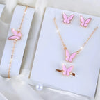 4Pcs Gold & Pink Butterfly Necklace Earrings Bracelet Ring Jewelry Set For Girls Fashion Party Jewelry Daily Wear Butterfly Jewelry Set
