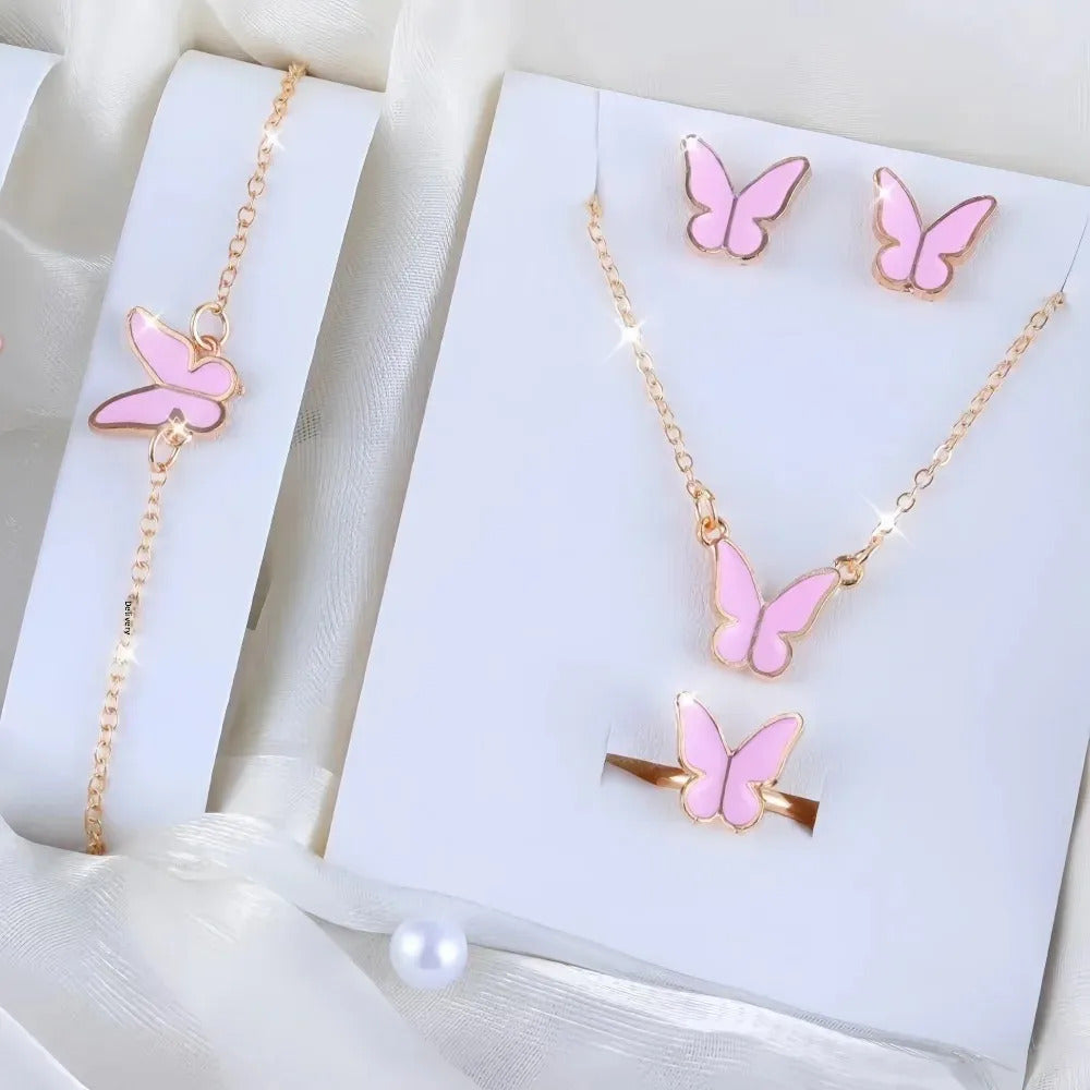 4Pcs Gold & Pink Butterfly Necklace Earrings Bracelet Ring Jewelry Set For Girls Fashion Party Jewelry Daily Wear Butterfly Jewelry Set