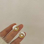 Korean Jewellery Gold & White Elegant Big Fresh Water Pearl Geometric Stud Earrings For Girls | Elegant Jewellery | S925 Needle Earing For All Occasions