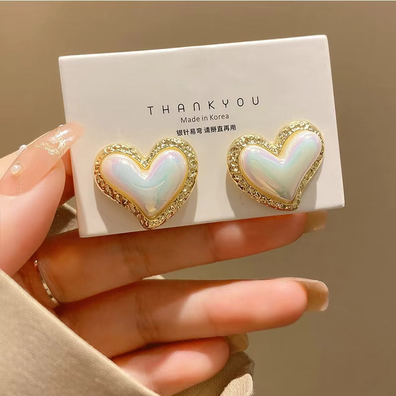 Korean Jewellery Gold & White Pearl Heart Vintage Geometric Earrings For Girls S925 Needle Earrings For Girls