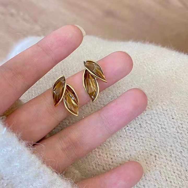 Korean Jewellery S925 Needle Brown High-class Luxury Flower Leaf Shape Stud Earrings For Girls