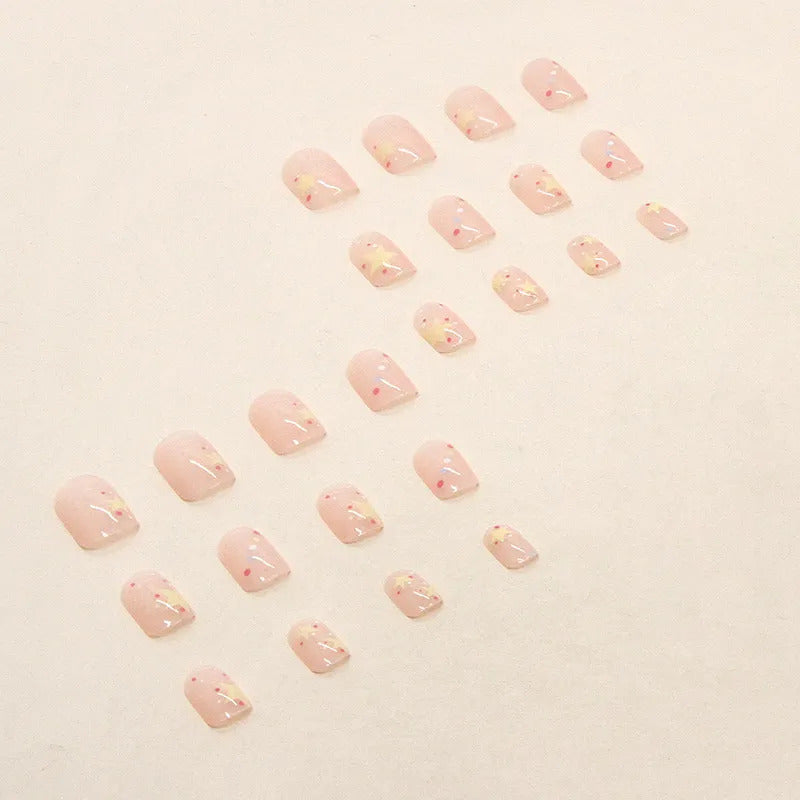24Pcs Pink Beautiful Trendy Star Design Fake Nails (With Glue) Set For Girls - Wearable Nails Stylish Pattern Artificial Nails For Women