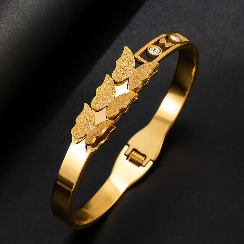 Luxury 18kK Gold Plated Branded Stainless Steel Jewellery Butterfly Zirconia Bangles Kara Bracelet For Girls | Never Fade Luxury Stainless Steel Adjustable HandCuff For Women