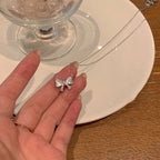 Korean Jewellery Silver Luxurious Rhinestone Zircon Bow Necklace for Girls Sweet Fairy Clavicle Chain Shiny Zircon Korean Jewellery Necklace