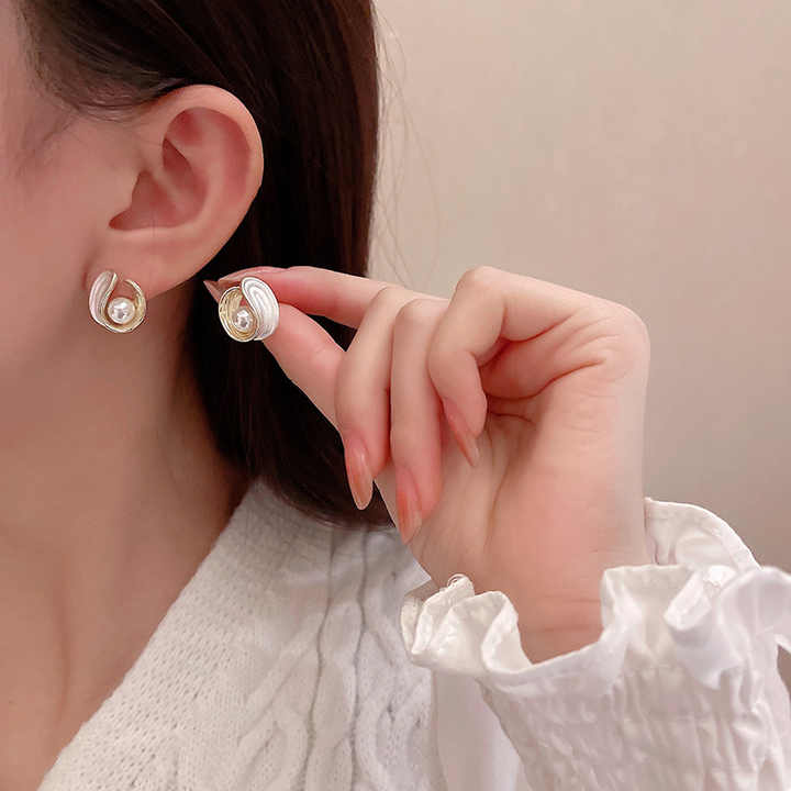 Korean Jewellery Gold & White Elegant Big Fresh Water Pearl Geometric Stud Earrings For Girls | Elegant Jewellery | S925 Needle Earing For All Occasions