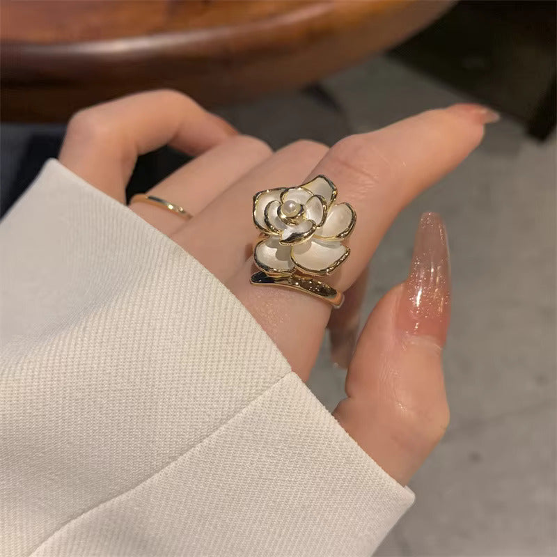 Korean Jewellery White Elegant Geometrical Pearl Camellia Flower Adjustable Ring For Girls