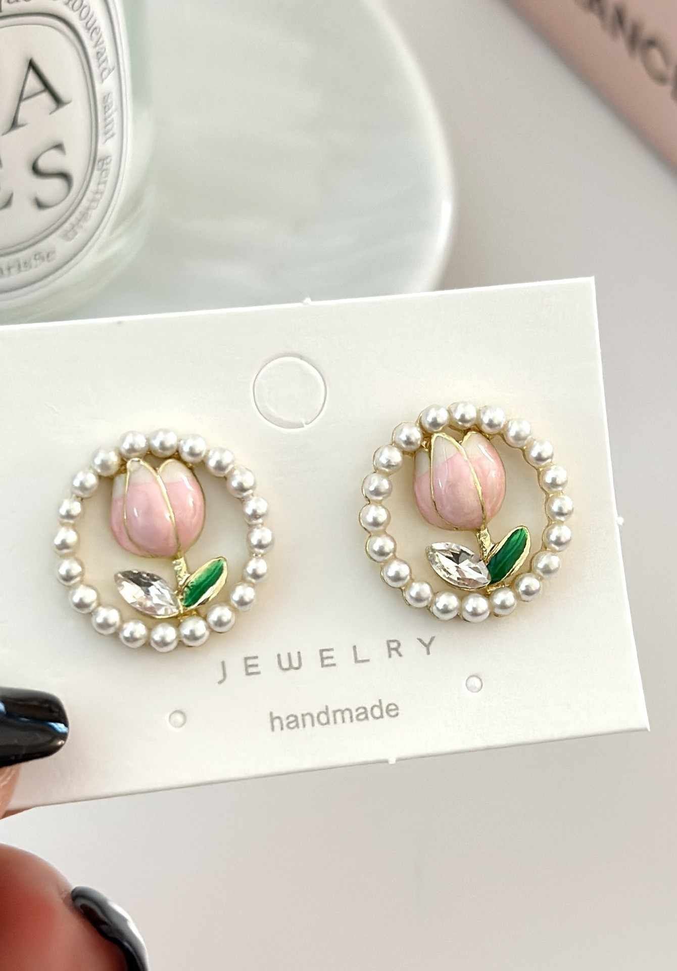 Korean Jewellery Gold Diamond Pearl Tulip Flower Stud Earrings for Girls | S925 Needle Earings For Birthday Wedding Anniversary | For All Occasions