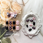 24Pcs Black | Pink & White Beautiful HeartTrendy Fake Nails (With Glue) Set For Girls - Wearable Nails Stylish Pattern Artificial Nails For Women