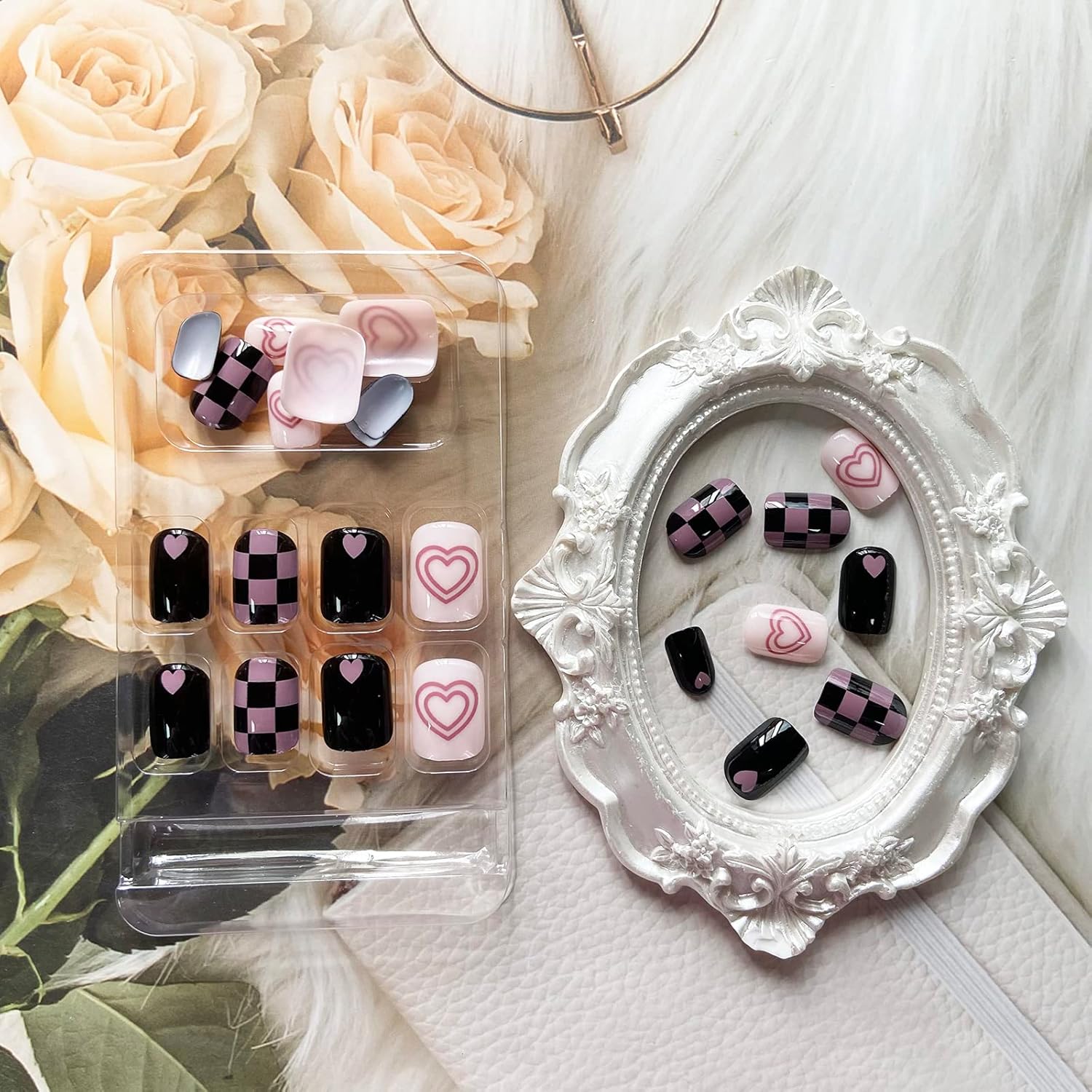 24Pcs Black | Pink & White Beautiful HeartTrendy Fake Nails (With Glue) Set For Girls - Wearable Nails Stylish Pattern Artificial Nails For Women