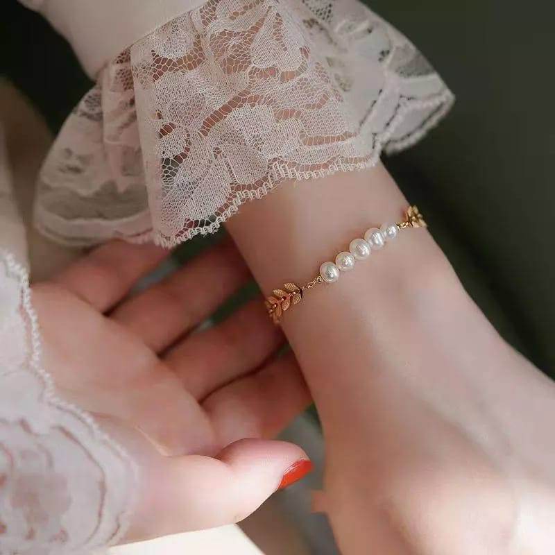 Korean Jewellery Leaf Pearl Gold Bracelets For Girls - Excellent Quality - Golden Leaf Pearl Bracelet for Women - Jewellery For Girls