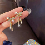 Korean Jewellery Shinny Golden Bow Long Chain Rhinestone Crystal Designing New Style Women Sweet Temperament Jewelry Tassel Earrings For Girls | S925 Needle Earring