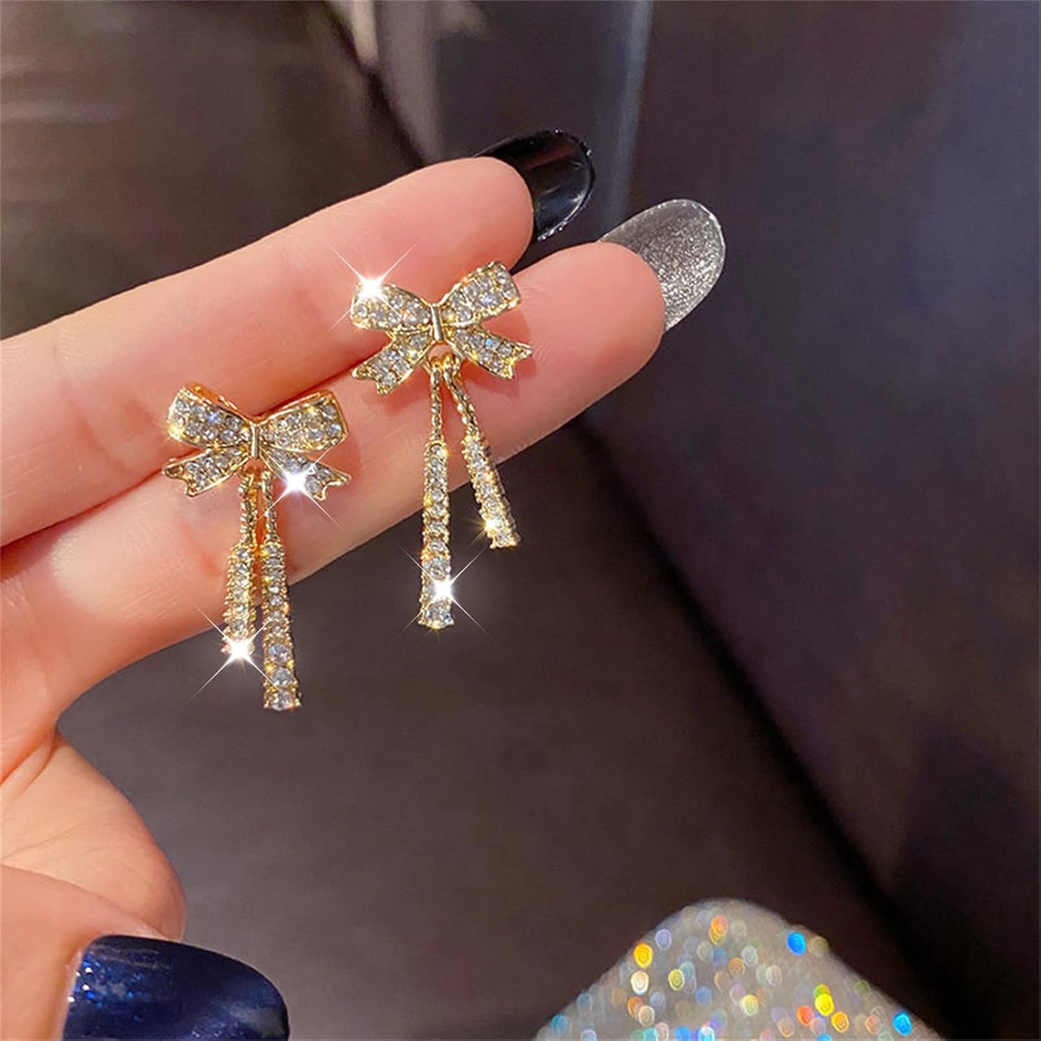 Korean Jewellery Shinny Golden Bow Long Chain Rhinestone Crystal Designing New Style Women Sweet Temperament Jewelry Tassel Earrings For Girls | S925 Needle Earring