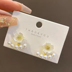 Pair Of White Sun Flower & Pearl Earrings For Girls Fashion Personality Korean Jewellery For Girls - 925 Needle
