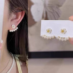 Pair Of White Sun Flower & Pearl Earrings For Girls Fashion Personality Korean Jewellery For Girls - 925 Needle