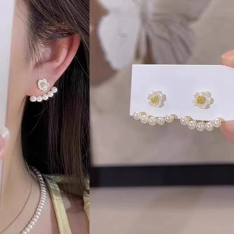 Pair Of White Sun Flower & Pearl Earrings For Girls Fashion Personality Korean Jewellery For Girls - 925 Needle