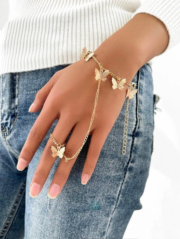 Golden / Silver Butterfly Ring Bracelet Jewellery For Girls | New Design | Trending Design | Never Fade | Beautiful Bracelet For Girls / Women | Korean Jewellery Bracelet For Girls Stylish 