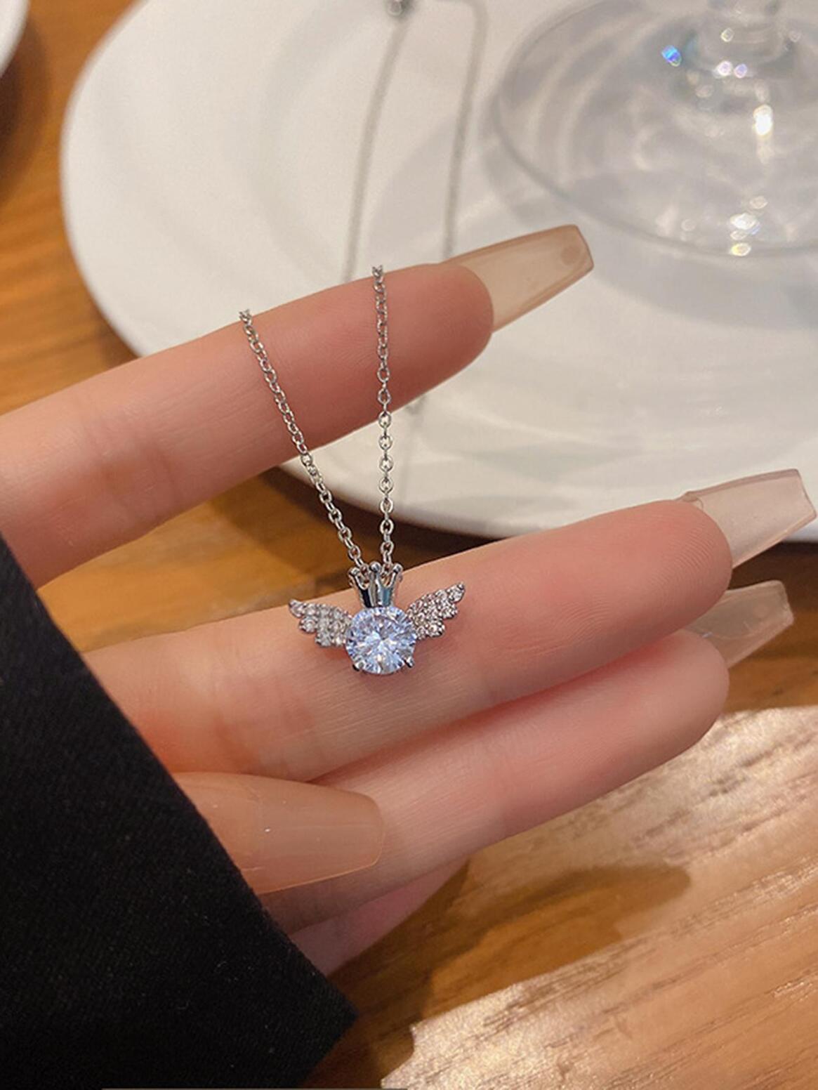 Silver Angel Shining Elegant Premium Necklace Light Luxury Trendy Korean Jewellery For Girls