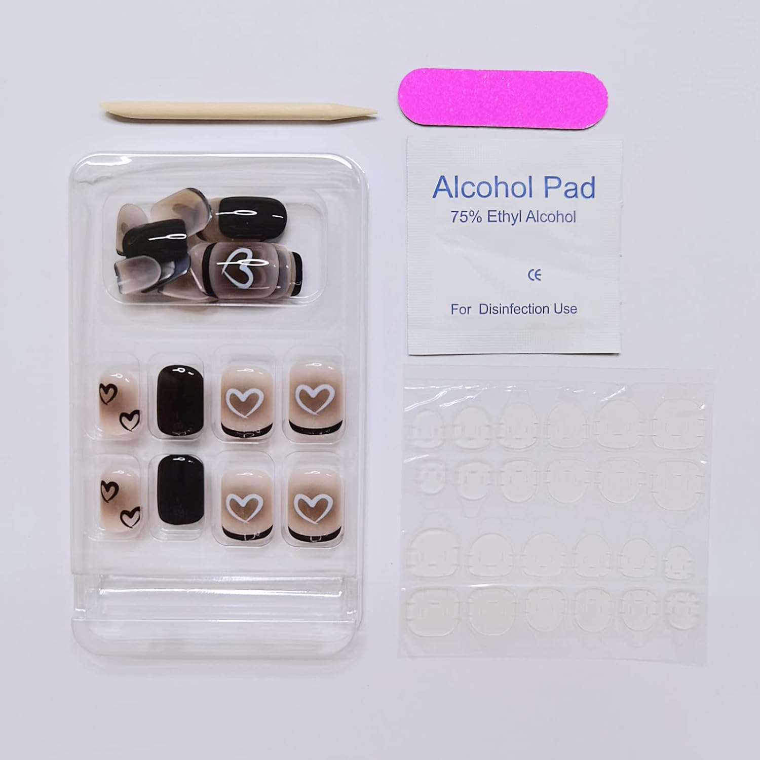 24Pcs Black & MultiColor Beautiful Heart Trendy Fake Nails (With Glue) Set For Girls - Wearable Nails Stylish Pattern Artificial Nails For Women