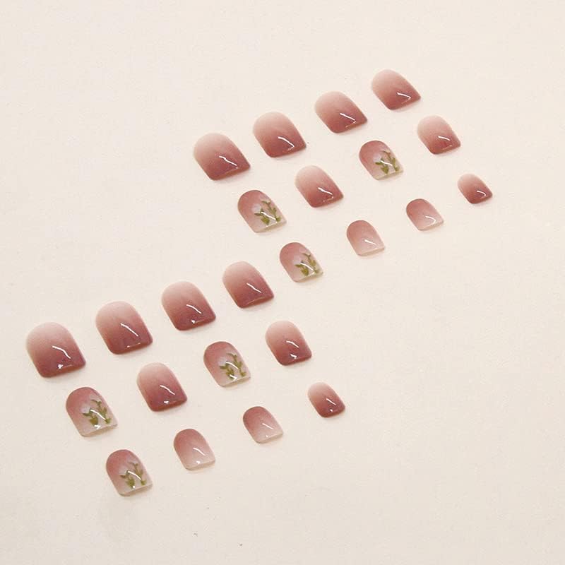 24Pcs Pink Beautiful Flower Trendy Fake Nails (With Glue) Set For Girls - Wearable Nails Stylish Pattern Artificial Nails For Women