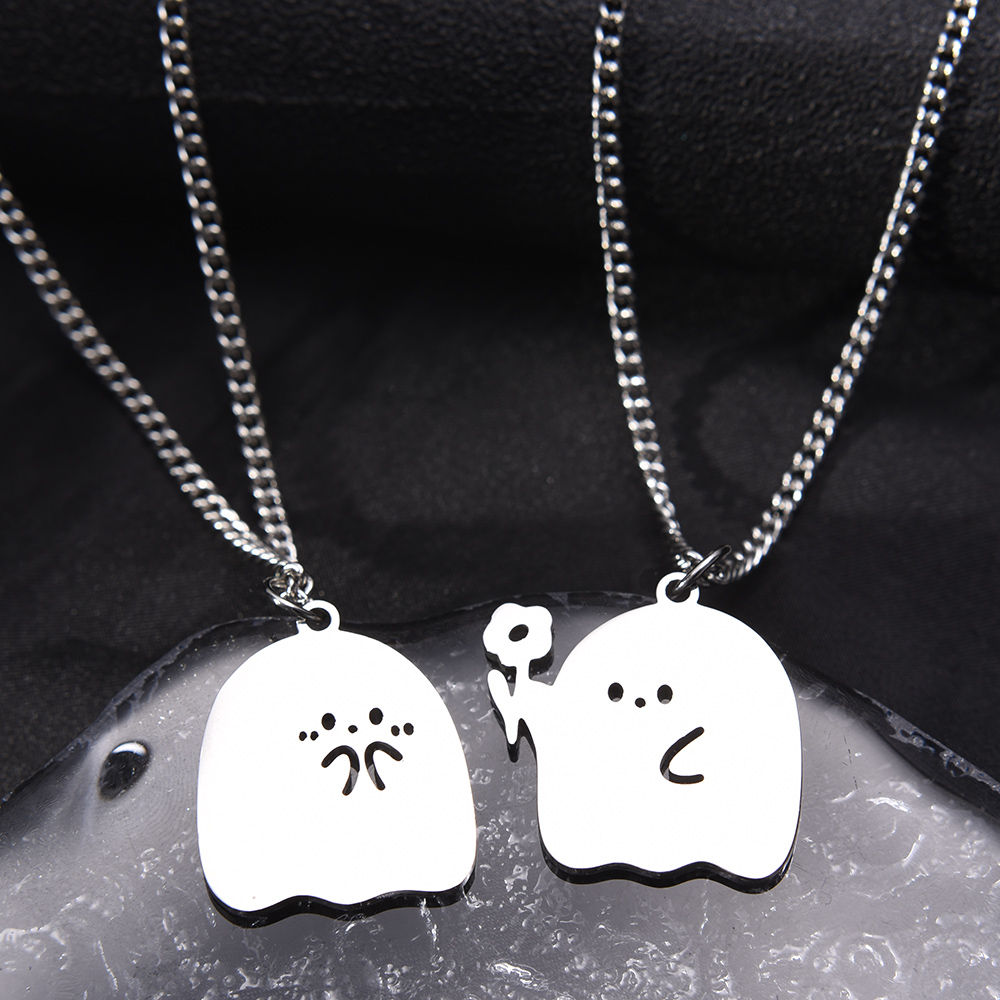 Pack Of 2 Stainless Steel Cute Cartoon Ghost Friendship Couple Pendant Necklace For Boy & Girls Korean Jewellery