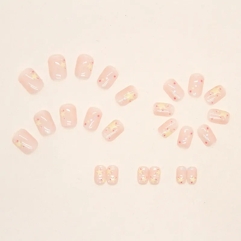 24Pcs Pink Beautiful Trendy Star Design Fake Nails (With Glue) Set For Girls - Wearable Nails Stylish Pattern Artificial Nails For Women