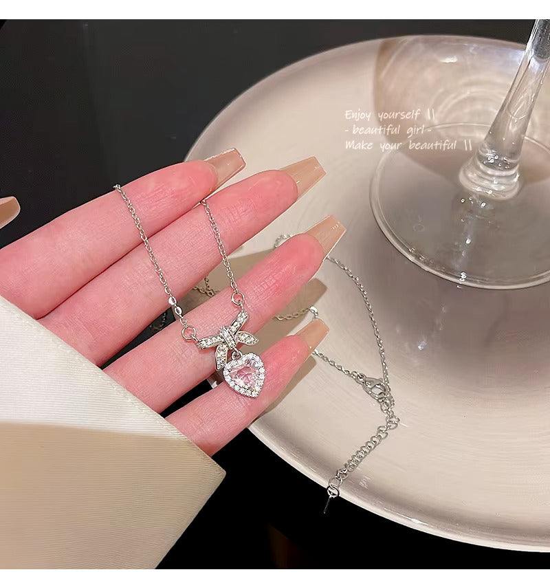 Pack Of 2 Korean Jewellery Pink Zircon Bow Heart & Crystal Angel Wings Heart Necklaces for Girls Sweet Fairy Clavicle Chain Shiny Zircon Korean Jewellery Necklace - Aesthetic Bowknot & Angel Wings Love Zircon Pendant Women Necklaces