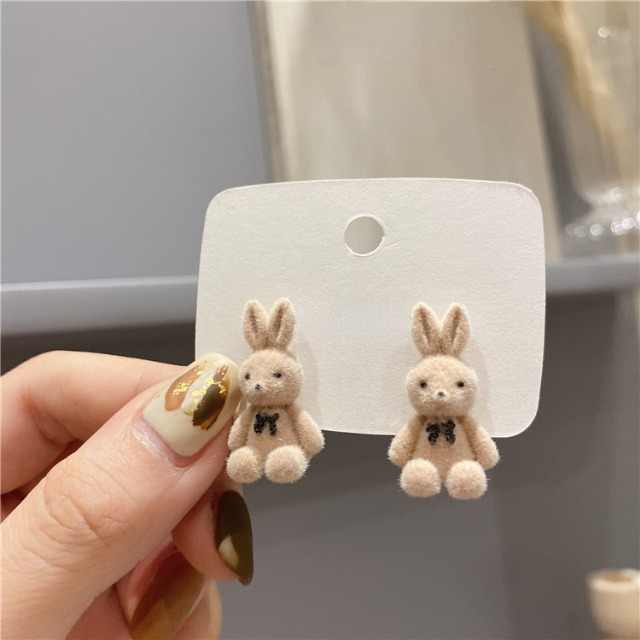 Korean Jewellery Brown / Biege S925 Needle Cute Flocking Plush Rabbit Stud Trendy Earrings For Girls