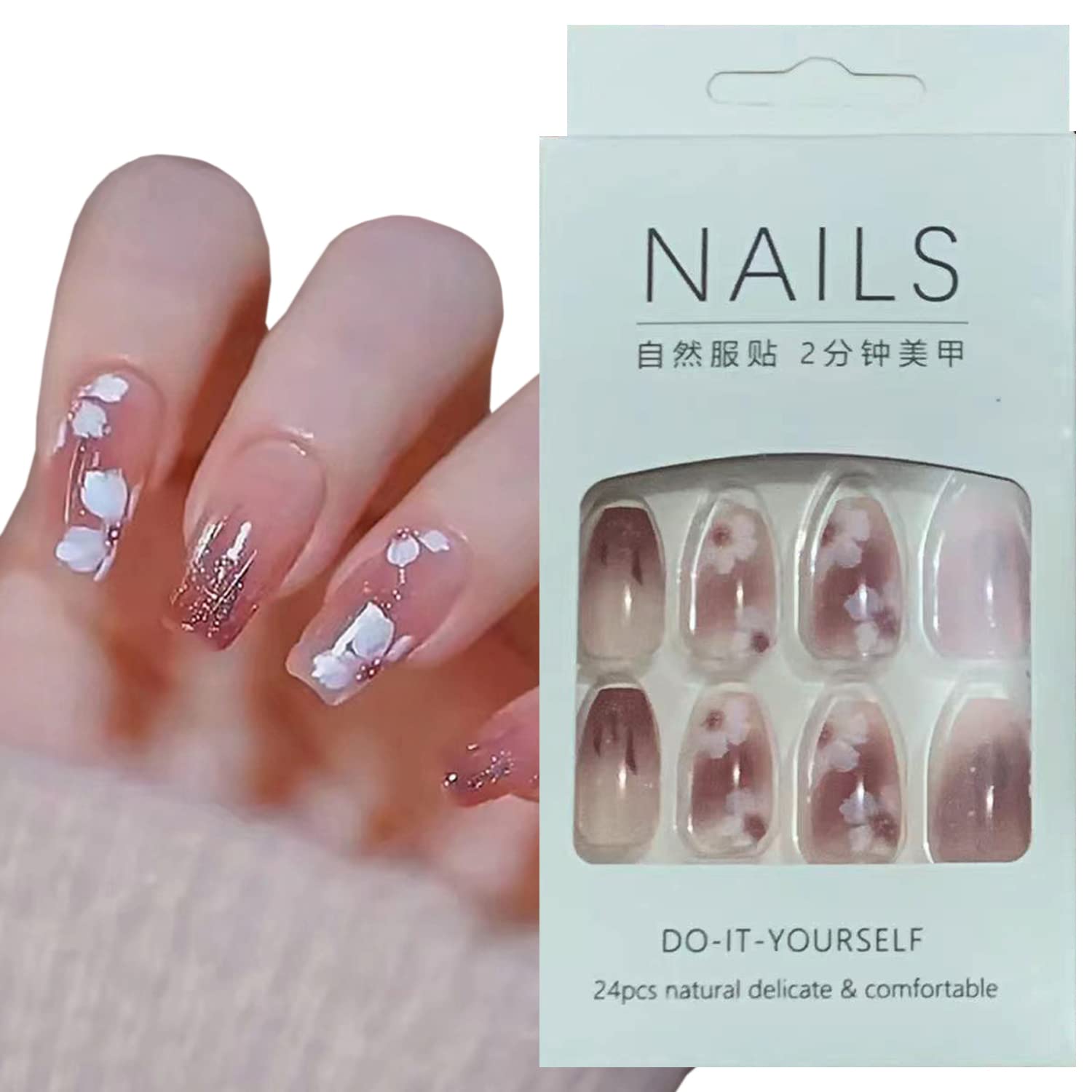 24Pcs Pink Beautiful Trendy White Flower Fake Nails (With Glue) Set For Girls - Wearable Nails Stylish Pattern Artificial Long Nails For Women