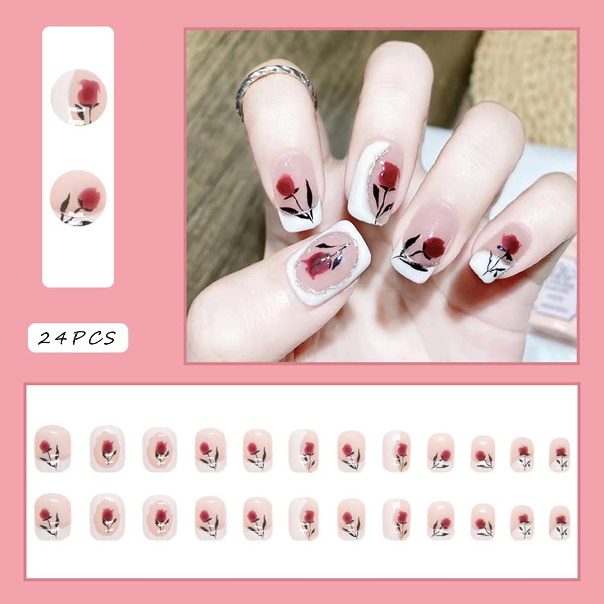 24Pcs White Beautiful Flower Trendy Fake Nails (With Glue) Set For Girls - Wearable Nails Stylish Pattern Artificial Nails For Women
