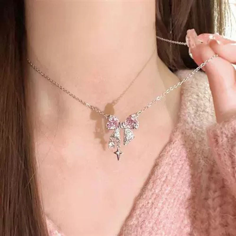 ● Korean Jewellery Pink Zircon Bow Necklace for Girls Sweet Fairy Clavicle Chain Shiny Zircon Korean Jewellery Necklace