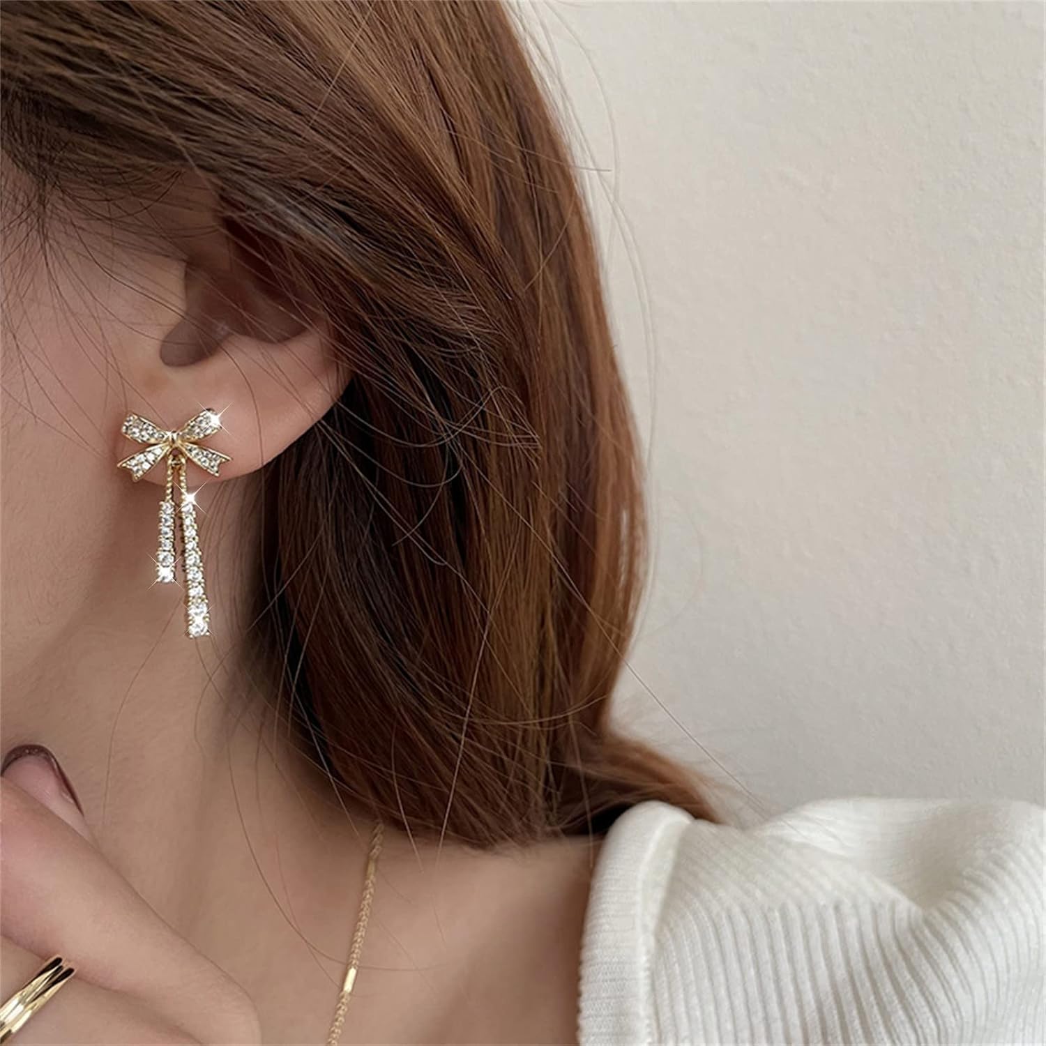 Korean Jewellery Shinny Golden Bow Long Chain Rhinestone Crystal Designing New Style Women Sweet Temperament Jewelry Tassel Earrings For Girls | S925 Needle Earring