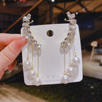 Pair Of Korean Gold-plated Trendy Design Zircon Ear Cuff With Pearl Tassel Long Earrings Ear Clip Jewellery Women and Girls