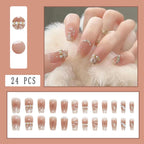 24Pcs Pink Fancy Beautiful Trendy Fake Nails (With Glue) Set For Girls - Wearable Nails Stylish Pattern Artificial Nails For Women