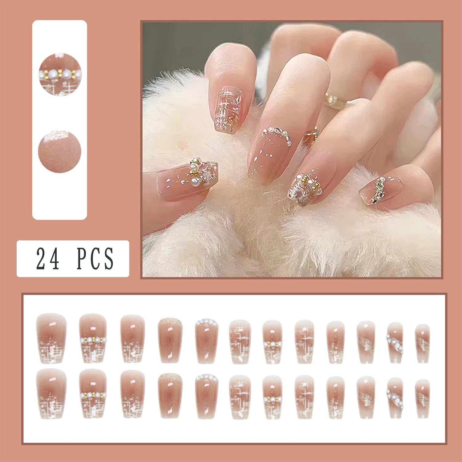 24Pcs Pink Fancy Beautiful Trendy Fake Nails (With Glue) Set For Girls - Wearable Nails Stylish Pattern Artificial Nails For Women
