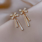 Korean Jewellery Shinny Golden Bow Long Chain Rhinestone Crystal Designing New Style Women Sweet Temperament Jewelry Tassel Earrings For Girls | S925 Needle Earring
