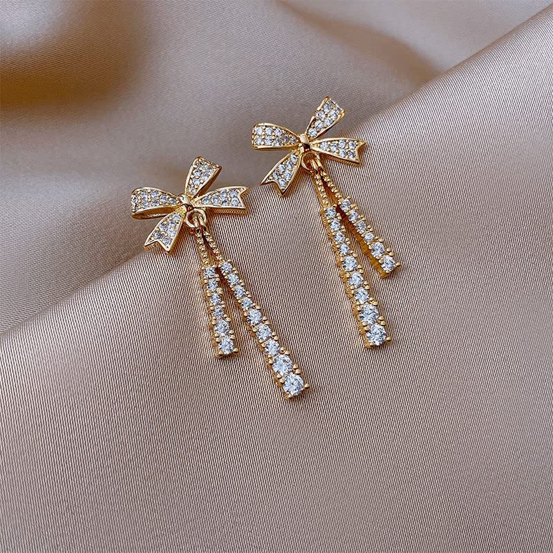 Korean Jewellery Shinny Golden Bow Long Chain Rhinestone Crystal Designing New Style Women Sweet Temperament Jewelry Tassel Earrings For Girls | S925 Needle Earring