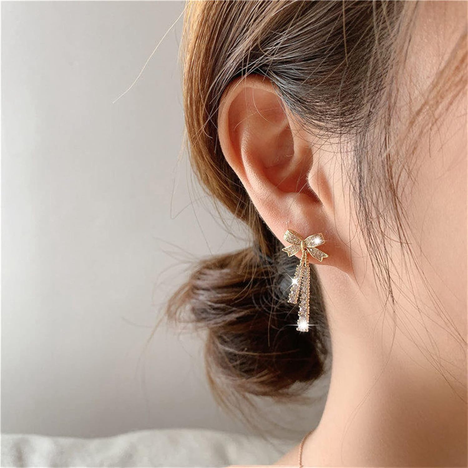 Korean Jewellery Shinny Golden Bow Long Chain Rhinestone Crystal Designing New Style Women Sweet Temperament Jewelry Tassel Earrings For Girls | S925 Needle Earring
